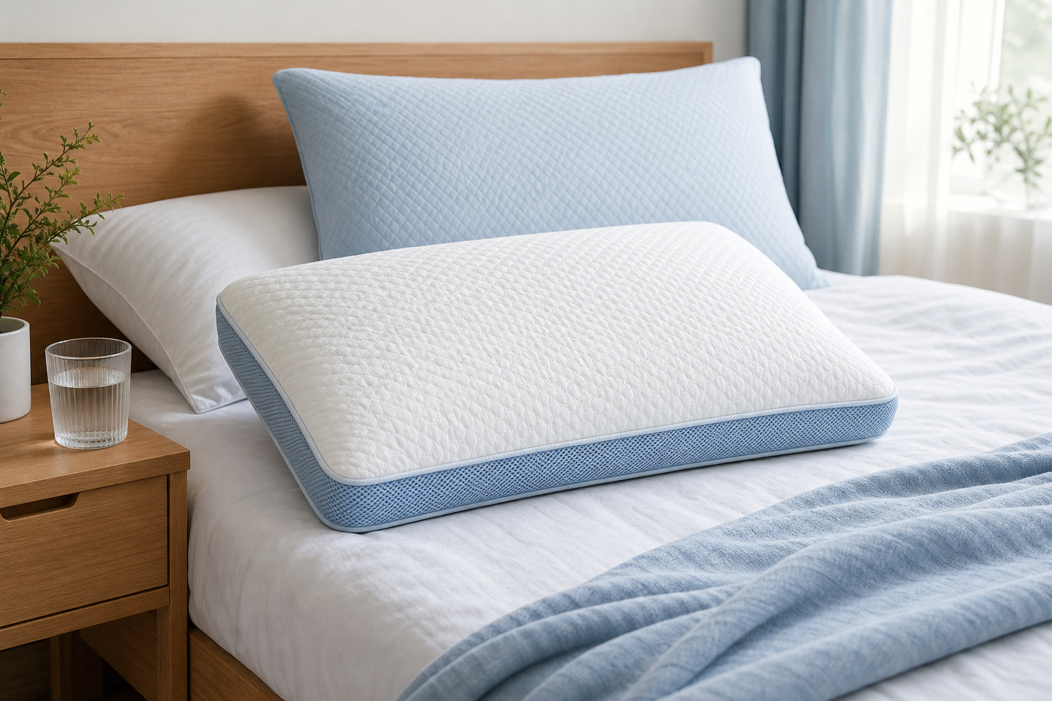 Unbranded cooling pillow on a made bed