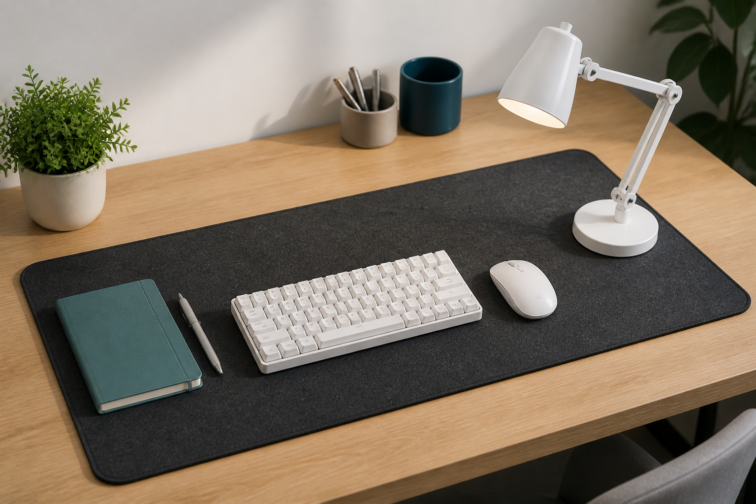 Unbranded desk mat, keyboard, notebook, and desk lamp